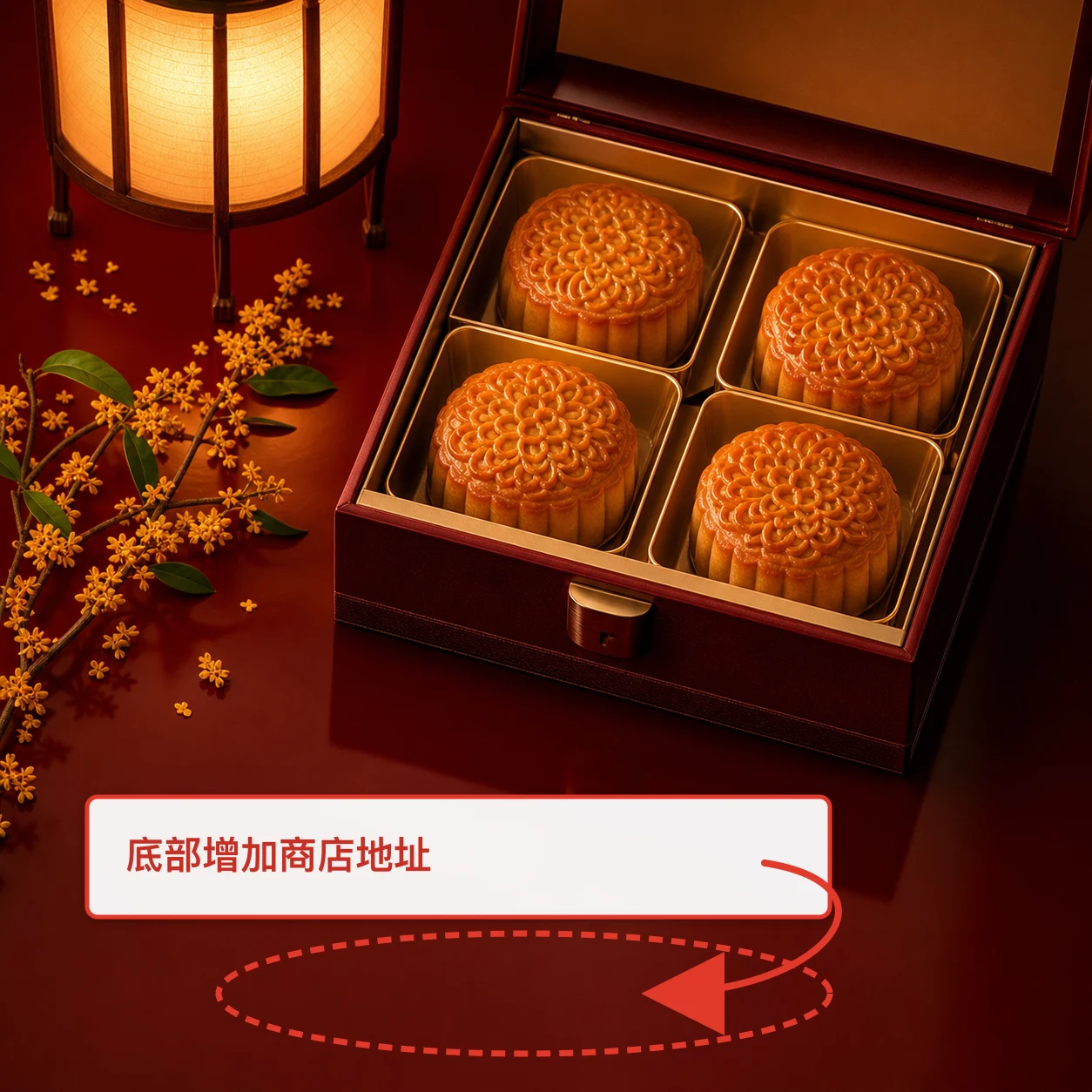 Region boxes, arrows, and edit instructions over a mooncake poster